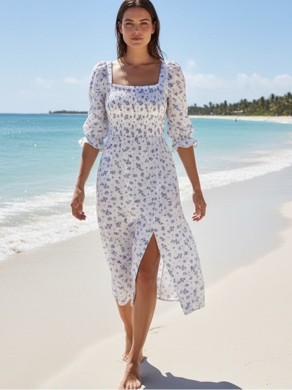 House of Harlow 1960 NWT Sustainable  Linen Smocked Blue Floral Midi Dress Small